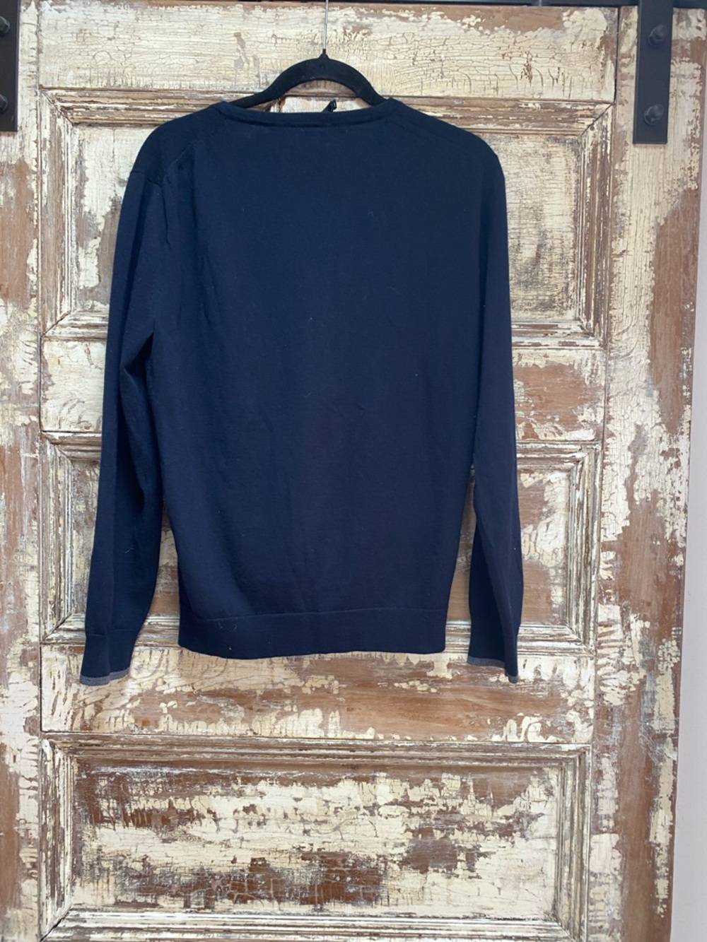 J. Crew Navy Merino Wool Slim Crewneck Sweater, Grey Trim at Cuff, Size S